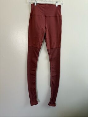 ALO Yoga Goddess High-Waisted Dusty Rose Leggings with Leg Warmer on Bottom